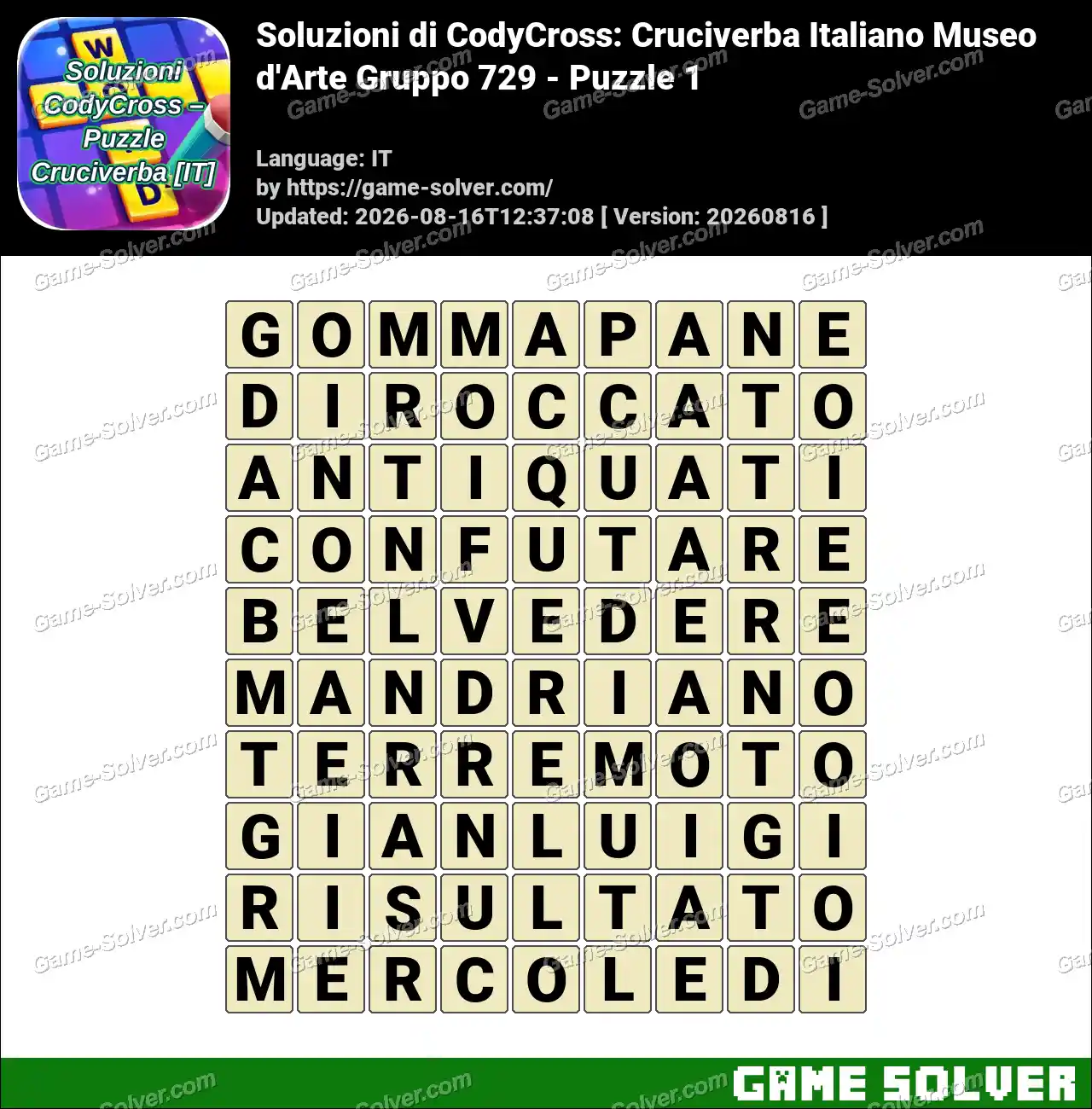 Soluzioni di CodyCross: Cruciverba Italiano Museo d’Arte Gruppo 729 – Puzzle 1